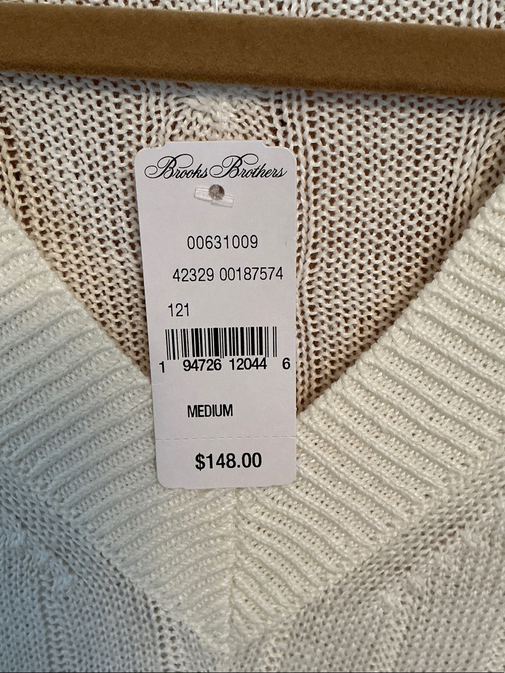 Brooks Brothers Ivory Cable-Knit V-Neck Sweater - Picture 3 of 4